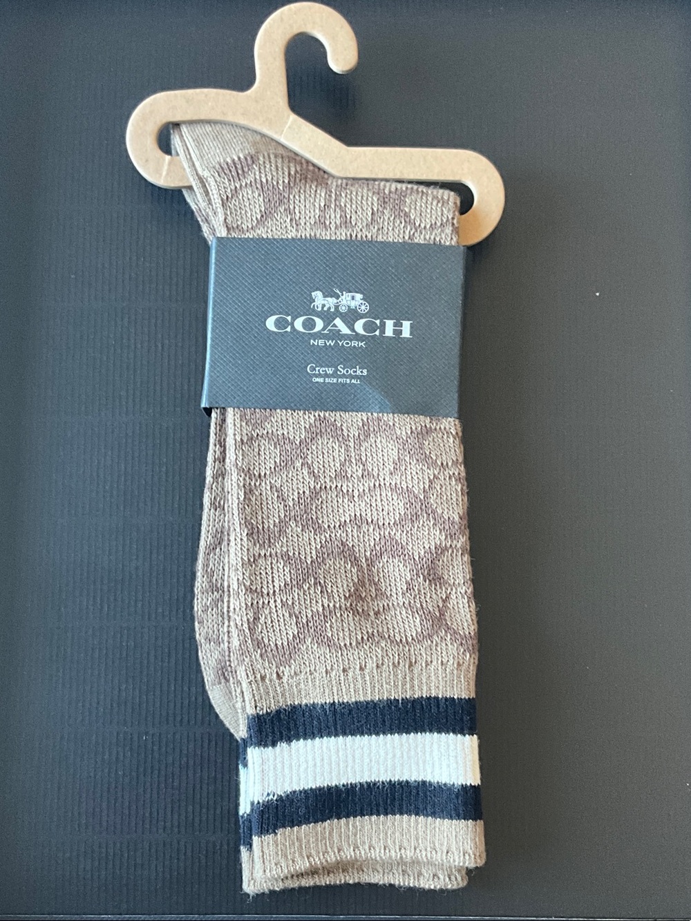 Coach Brown Signature Pattern Crew Socks with Black & White Stripes